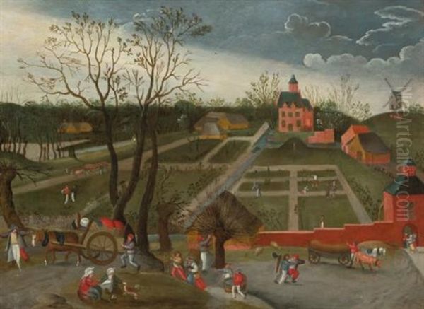 Landscape With Peasants Walking Along A Road With Horse Drawn Carts And Others Planting In The Garden Of A Large Manor House by Jacob Grimmer