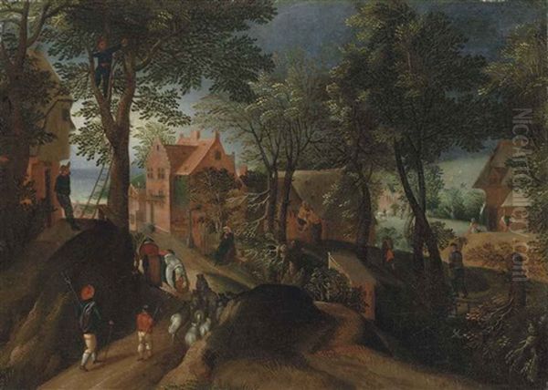 Autumn: A Village With Peasants Gathering Fruit And Herdsmen Driving Their Flock by Jacob Grimmer