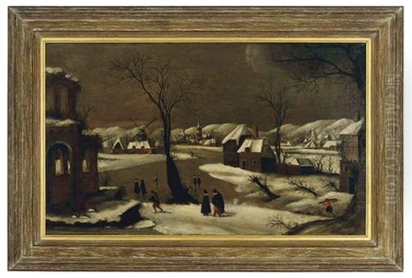 A Snowy Winter Village Scene Oil Painting by Jacob Grimmer