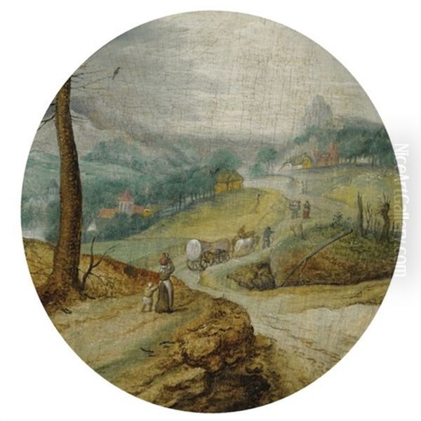 Peasants With A Horse Drawn Wagon On A Country Road, A View Of A Village Beyond Oil Painting by Jacob Grimmer