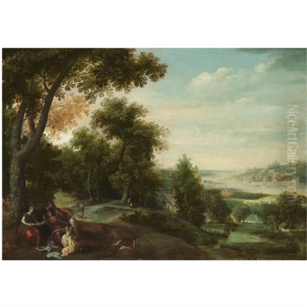 An Extensive Landscape With A Mythological Scene (collab. W/gillis Mostaert Hulst) Oil Painting by Jacob Grimmer