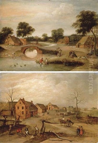 Summer: A Landscape With Peasants Dipping Sheep In A River (+ Winter: A Village Scene With Peasants Felling Trees; Pair) Oil Painting by Jacob Grimmer