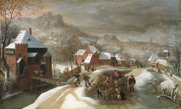 A Winter Landscape With Soldiers In A Village (jacob Grimmer And Circle Of Gillis Mostaert) Oil Painting by Jacob Grimmer