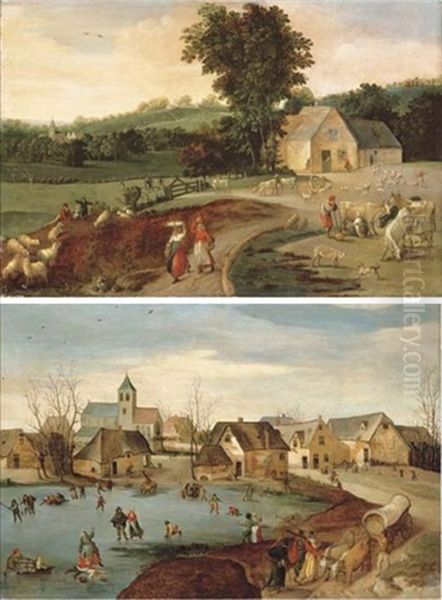 Summer: A Landscape With Peasants, Cattle And Sheep By A Farm House (+ Winter: A Village Scene With Skaters On A Frozen Lake; Pair) Oil Painting by Jacob Grimmer