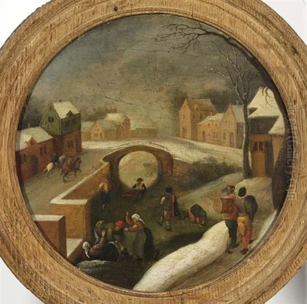 A Winter Scene With Skaters On A Frozen Canal In A Village Oil Painting by Jacob Grimmer