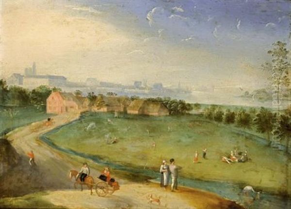 An Extensive Landscape With Figures On A Meadow Near A Stream, A Horse-drawn Cart In The Foreground Oil Painting by Jacob Grimmer