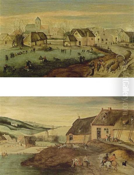 Autumn: A Landscape With Men Repairing A Thatched Roof Of A Farm (+ Winter: A Landscape With Figures Skating On A Frozen Pond; Pair) Oil Painting by Jacob Grimmer