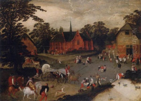 A Village With Elegant Figures Approaching On Horseback Oil Painting by Jacob Grimmer