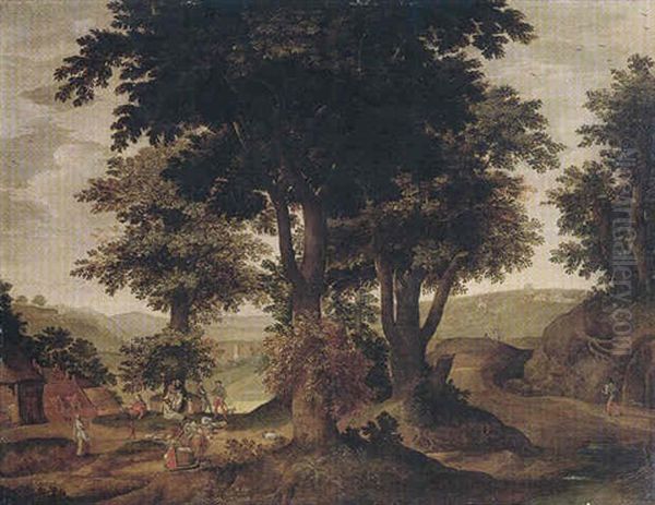 A Landscape With Peasants Resting Under Trees Oil Painting by Jacob Grimmer