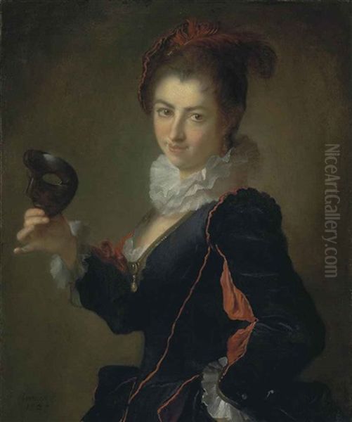 Portrait Of A Lady, A L'espagnole, Holding A Black Mask In Her Right Hand Oil Painting by Alexis Grimou