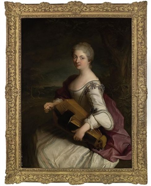 Portrait Of A Lady, Three-quarter-length, In A White Dress With Blue Bows, And A Violet Mantle, Playing A Hurdy Gurdy, In A Wooded Landscape Oil Painting by Alexis Grimou