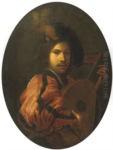 A Young Gentleman Playing A Lute Oil Painting by Alexis Grimou