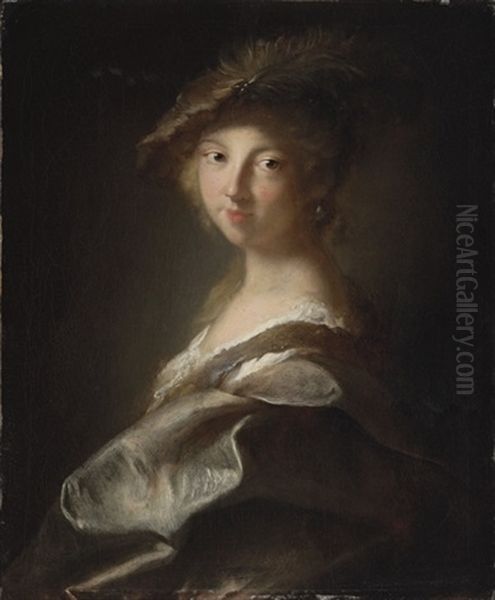 Portrait Of A Lady (duchesse De Caumont-laforce?) In A Plumed Hat And Silk Mantle Oil Painting by Alexis Grimou