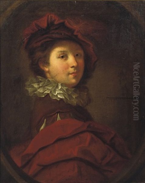 Portrait Of A Young Gentleman, In A Red Costume With A White Collar And Red Plumed Cap Oil Painting by Alexis Grimou