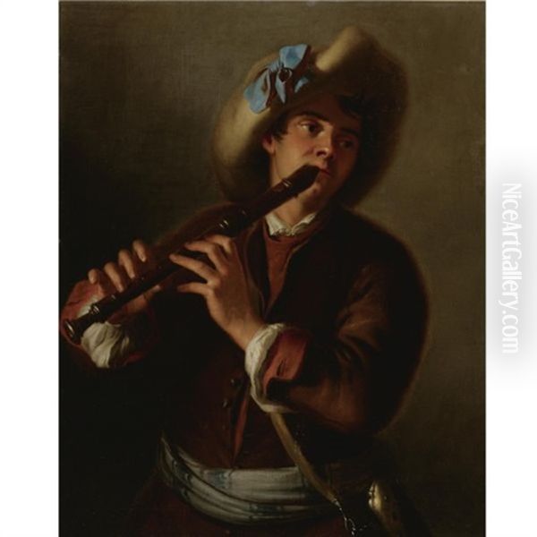 Portrait Of A Young Man Playing The Recorder Oil Painting by Alexis Grimou