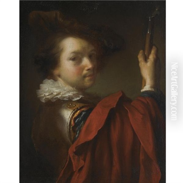 Portrait Of A Gentleman, Half Length, Wearing A Cuirasse, A Hat And A Red Cape Oil Painting by Alexis Grimou