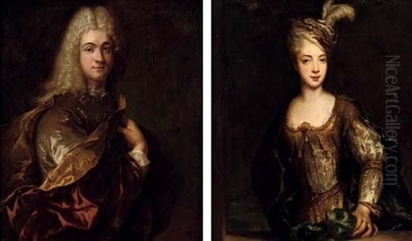 Portrait Of A Gentleman In A Silver Costume And Red And Gold Wrap (+ Portrait Of A Lady In A Gold And Silver Dress And A Green Robe; Pair) Oil Painting by Alexis Grimou