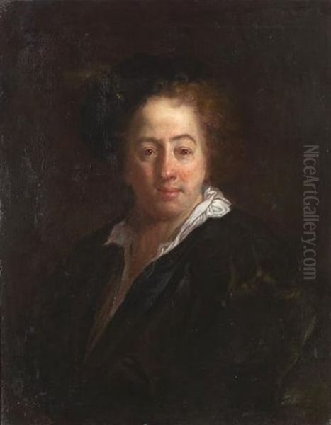 Portrait Of A Gentleman, Bust-length, In A Black Coat With A White Chemise And A Black Feathered Hat Oil Painting by Alexis Grimou