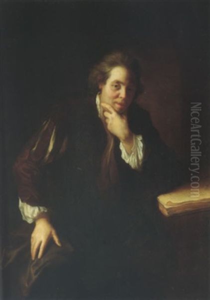 Portrait Of A Gentleman Seated Beside A Table (a Huguenot?) Oil Painting by Alexis Grimou