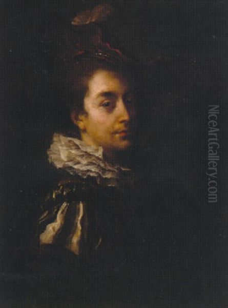 Portrait Of A Gentleman In A Red And Black Slashed Doublet, With A Ruff And A Red Hat Oil Painting by Alexis Grimou