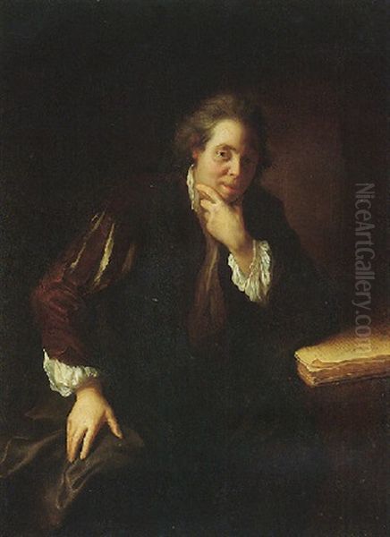 Portrait Of A Gentleman (a Huguenot?) Seated Beside A Table by Alexis Grimou