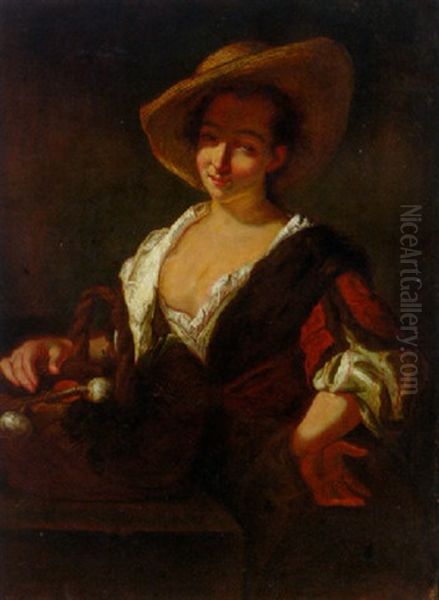 A Peasant Woman With A Basket Of Fruit Oil Painting by Alexis Grimou