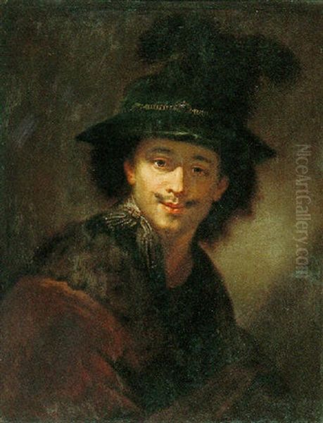 Portrait Of A Man Wearing A Plumed Hat Oil Painting by Alexis Grimou