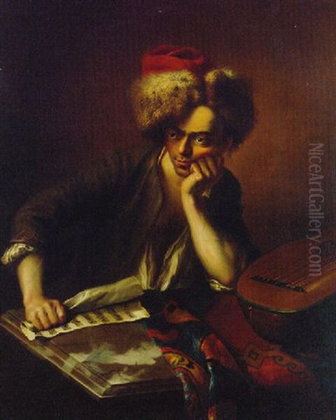 Portrait Of A Musician, Wearing A Fur Hat, Seated At A Draped Marble Table By A Lyre, Holding A Sheet Of Music Oil Painting by Alexis Grimou