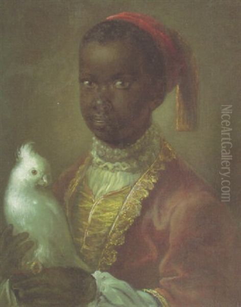 Portrait Of A Blackamoor In A Lined Coat Holding A Cockatoo Oil Painting by Alexis Grimou