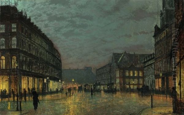 Boar Lane, Leeds By Lamplight Oil Painting by John Atkinson Grimshaw