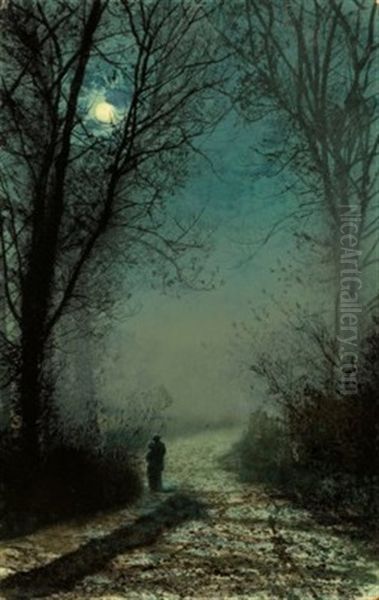 Lovers On A Moonlit Lane Oil Painting by John Atkinson Grimshaw