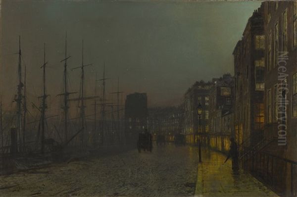 Clyde Shipping, Wet Moonlit Night Oil Painting by John Atkinson Grimshaw