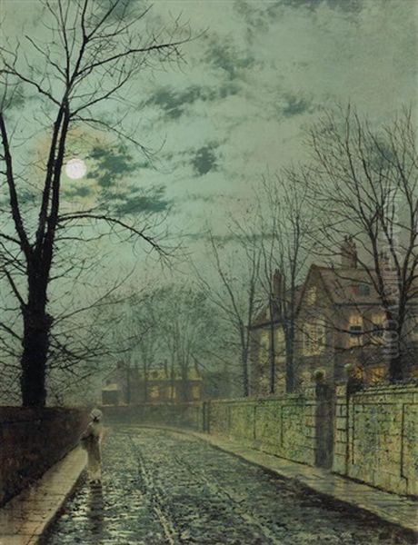 A Moonlit Road Oil Painting by John Atkinson Grimshaw