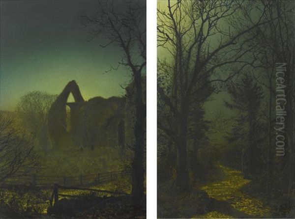 Bolton Abbey By Moonlight; A Wooded Landscape With A Woman Walking On A Path In The Moonlight Oil Painting by John Atkinson Grimshaw