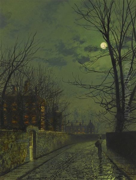 A Moonlit Street After Rain Oil Painting by John Atkinson Grimshaw