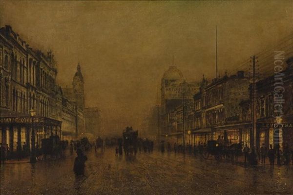 A Winter Evening Swanston Street, Melbourne Oil Painting by John Atkinson Grimshaw