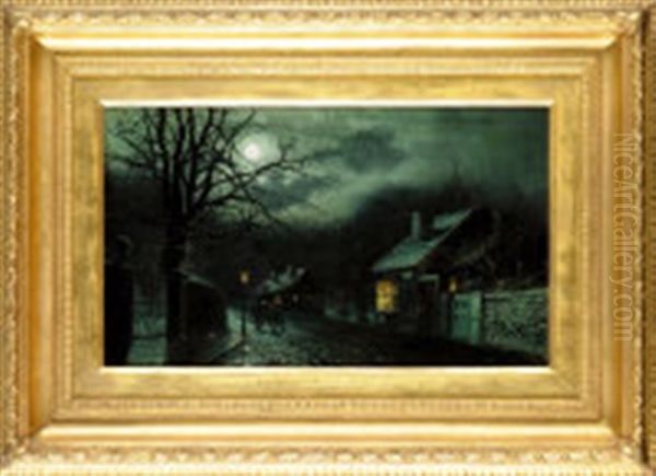 A Cyclist On A Cobbled Street By Moonlight Oil Painting by John Atkinson Grimshaw