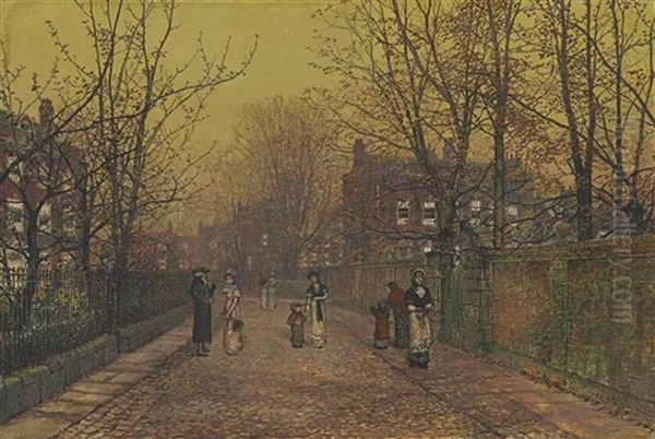 A Village Street On Sunday Eve Some Eighty Years Ago by John Atkinson Grimshaw