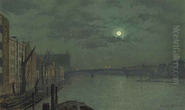 View From Blackfriars Bridge By Moonlight Oil Painting by John Atkinson Grimshaw