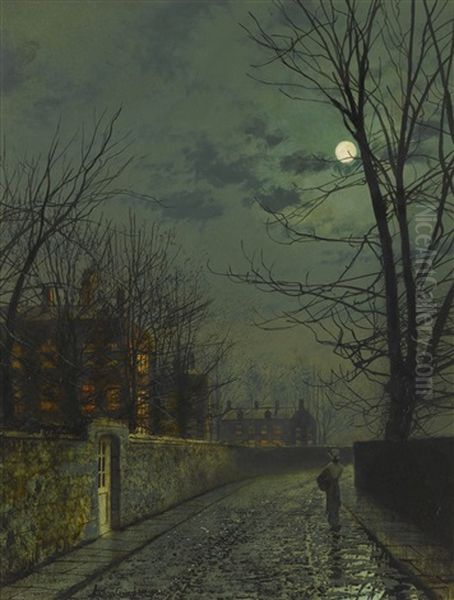 A Moonlit Street After Rain Oil Painting by John Atkinson Grimshaw