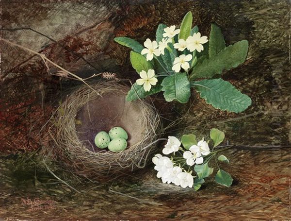 Thrush's Nest, Primroses, Pear Blossom Oil Painting by John Atkinson Grimshaw