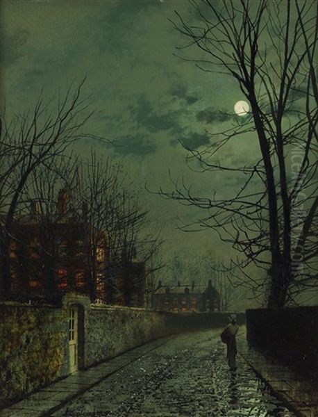 A Moonlit Street Scene After Rain With A Girl Passing A House From Which Lights Are Blazing Oil Painting by John Atkinson Grimshaw