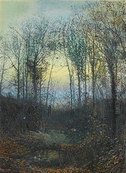 A Wooded Valley, Probably Bolton Woods (+ Lovers In A Woodland Clearing; Pair) Oil Painting by John Atkinson Grimshaw