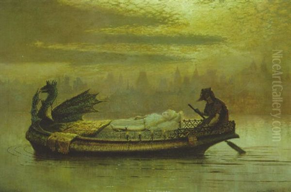 Elaine: And The Dead, Steer'd By The Dumb Went Upward With The Flood Oil Painting by John Atkinson Grimshaw