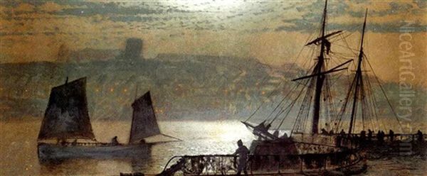 Moon, Gas And Starlight, Whitby Oil Painting by John Atkinson Grimshaw