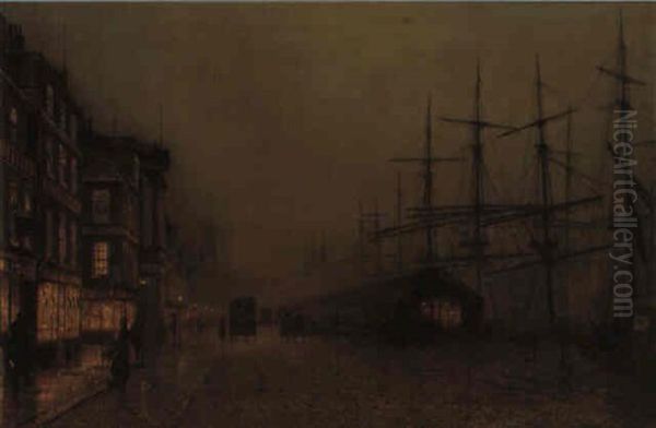 Shops And Ships, Clydeside, Glasgow Oil Painting by John Atkinson Grimshaw