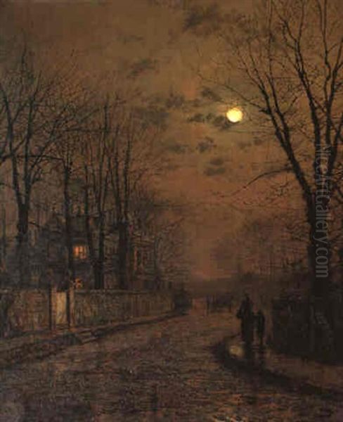 A Wet Road, Knostrop, Yorkshire Oil Painting by John Atkinson Grimshaw