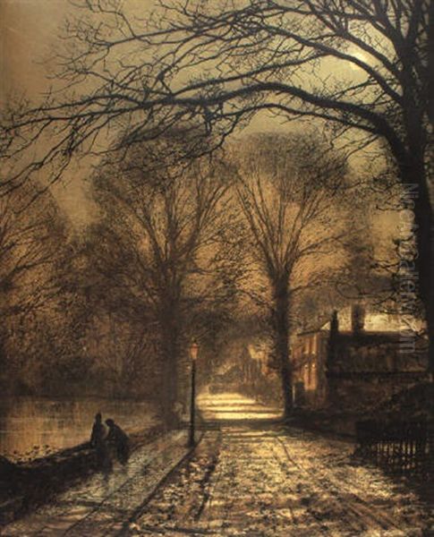 A Moonlit Country Road Oil Painting by John Atkinson Grimshaw