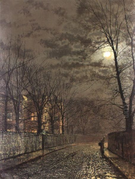 A Girl On A Moonlit Lane Oil Painting by John Atkinson Grimshaw