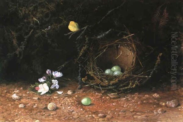 Still Life With Butterfly, Bird's Nest And Blossom Oil Painting by John Atkinson Grimshaw